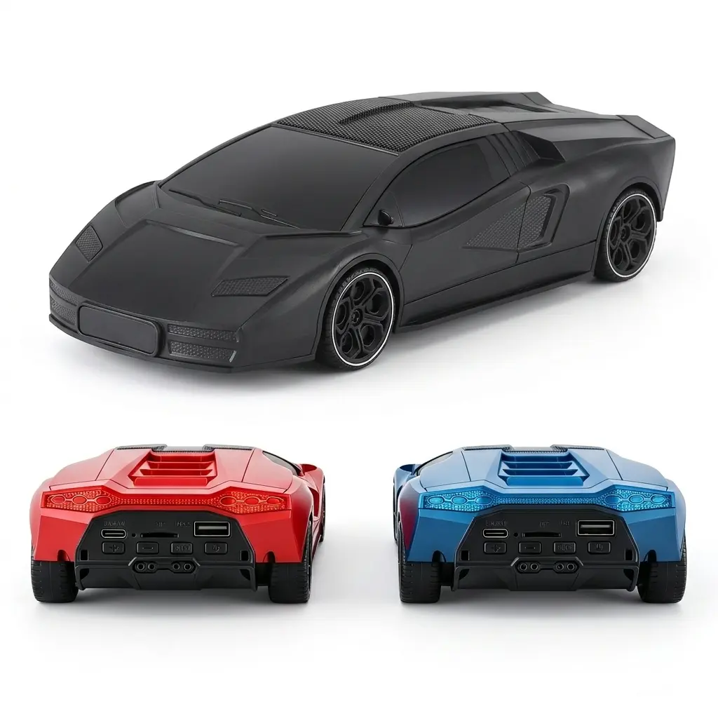Sports Supercar-Inspired Wireless Speaker with Built-In LED Headlights, Streamlined Sleek Vehicle Sound Box, Type-C Powered Desktop Media Player Supporting FM Radio & TWS Mode