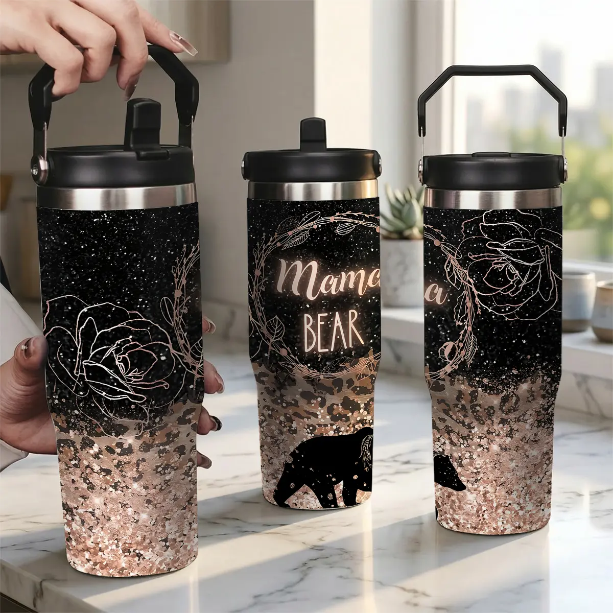 Mama Bear Portable Insulated Vacuum Water Bottle, Rose Gold Glitter & Leopard Stainless Steel Airtight Travel Cup, Gift for Mom - Includes Lid & Straw