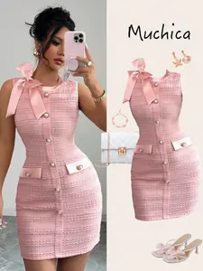 Women's Elegant Sleeveless Bodycon Short Dress, Satin Bow Decor, Pearl Metal Buckle, Perfect for Date, Romantic Occasions, Party