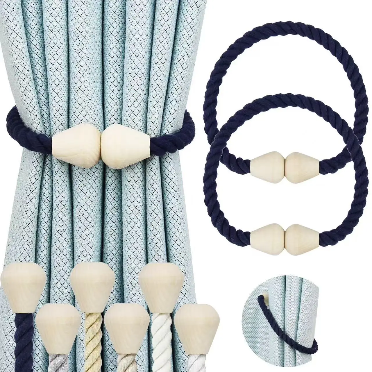 2-Pack Magnetic Wooden Bead Curtain Tiebacks Hand Woven Rope Holdbacks for Bedroom Living Room Farmhouse Apartment Window Decor-YY