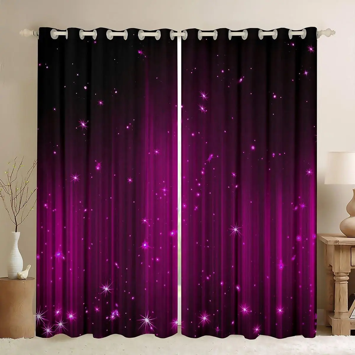 Hot Pink and Black Blackout Curtains Women Ombre Glitter Curtains Bedroom Living Room Decor,Abstract Striped Window Treatments Drapes 2 Panels