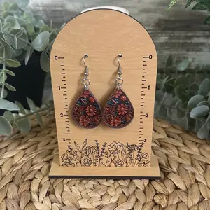 Acrylic Earrings Tooled Leather Floral Design