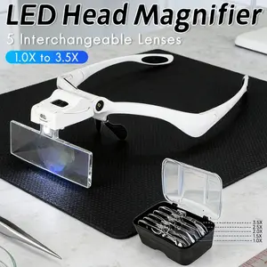 Magnifying Glasses with 2 LED Lights, Headband Magnifier with 5 Detachable Lenses 1X, 1.5X, 2X, 2.5X 3.5X -Battery Powered Hands Free Lighted Head Magnifier Glass for Watch Repair,  Reading,  Crafts, Cross Stitch, Hobby