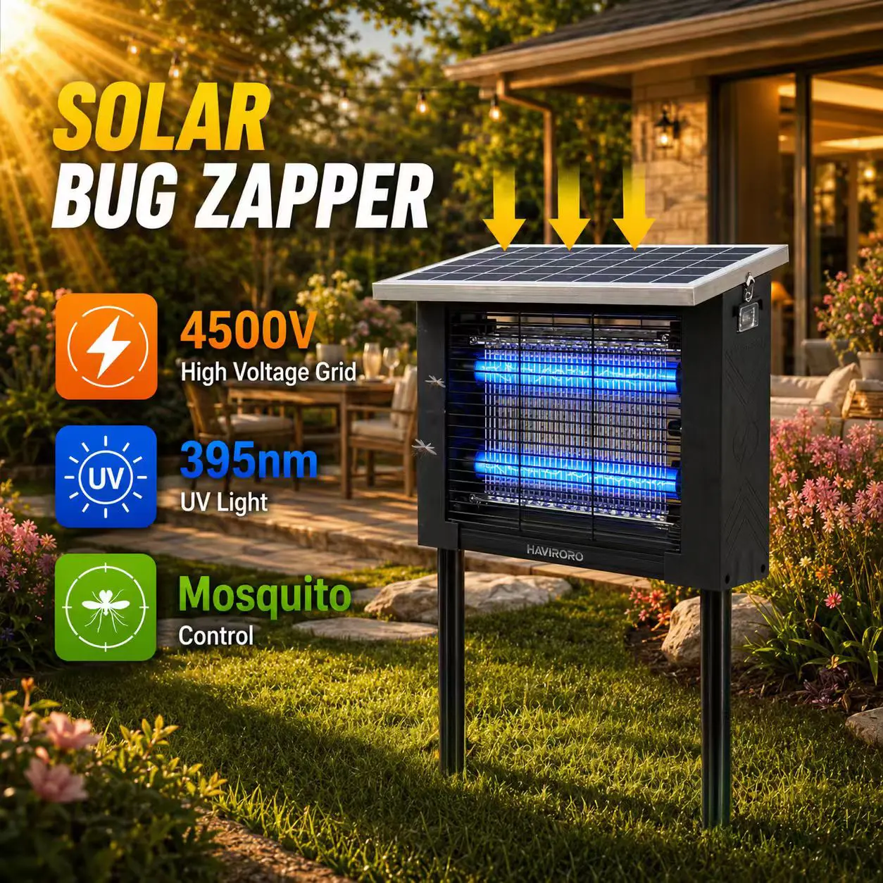 Solar Bug Zapper, Outdoor Model 4500V Waterproof Fly Swatter with Panel Sensor Rechargeable Insect Killer Flying Insect Eliminator Ideal for Patios, Backyards, and Camping
