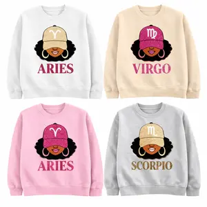 [Full 12 Zodiac] Zodiac Vibes Sweatshirt – Afro Woman Astrology Sign Pullover with Sparkly Hat Graphic, Unisex Horoscope Crewneck Gift for White, Sand, Grey Sport, Pink Color