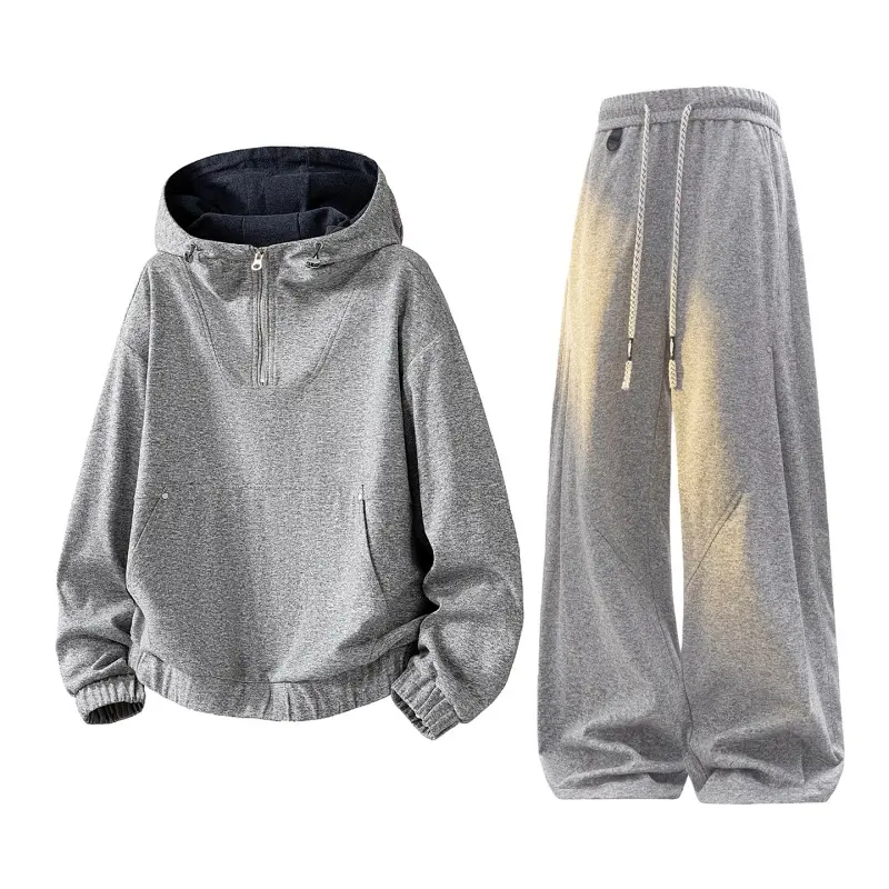 Men's 2-Piece Tracksuit, Casual Streetwear Set with a Half-Zip Hoodie, Kangaroo Pocket, and Loose Fit Elastic Waist Pants, Male, Black Sweatshirt, 3Xl, Long Sleeve, 2Xl, Athleisure Tracksuit, Multi-Size, Two-Pieces