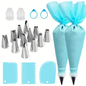 21pcs Cake Decorating Set, Baking Supplies, Cake Decoration Supplies - Include 12pcs Stainless Steel Icing Piping Nozzles, 2 Reusable Pastry Bags, 2pcs Converters, 3pcs Scrapers, 2pcs Bag Tie - For Christmas, Thanksgiving Baking & Cake Design