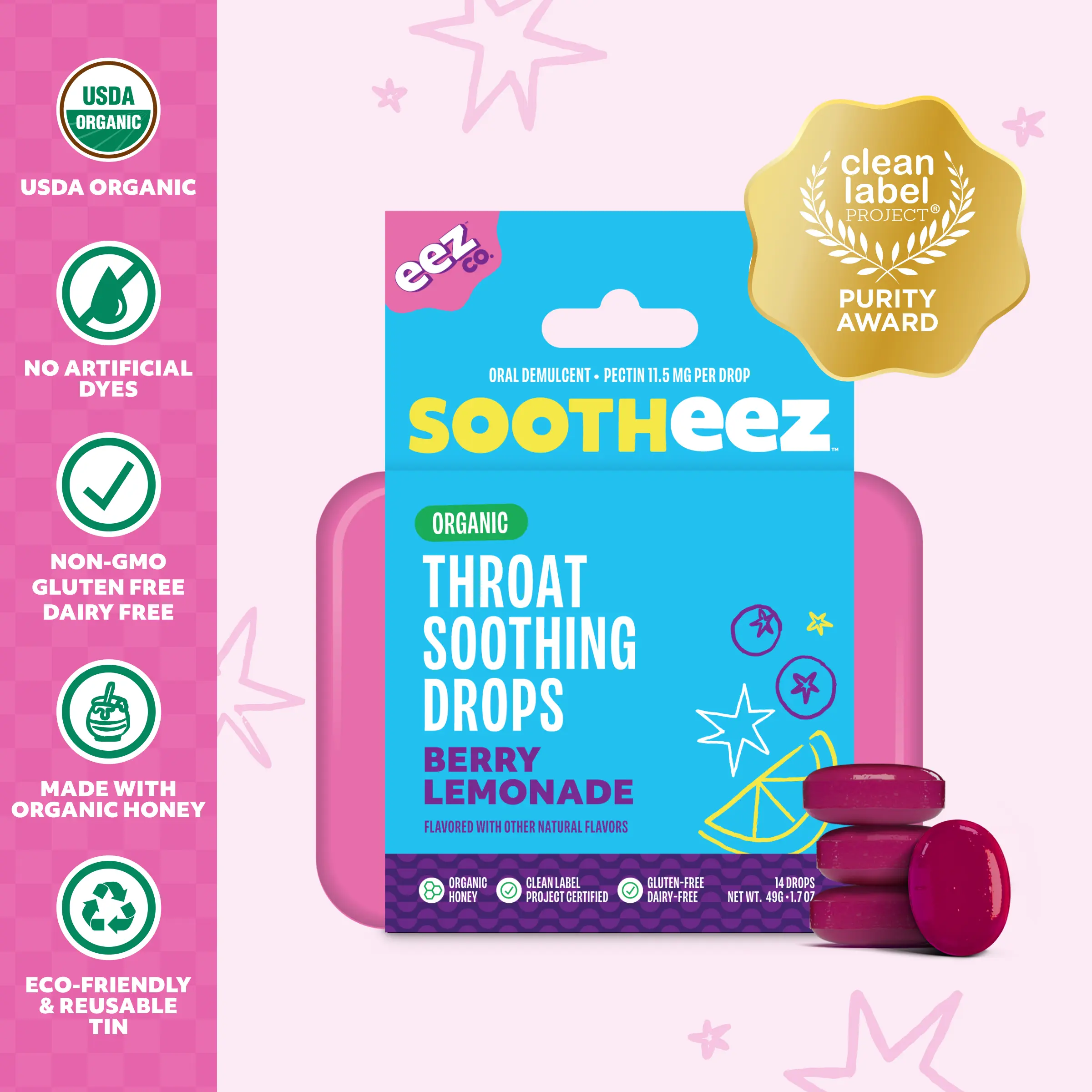 Sootheez by EEZ Co. Organic Throat Soothing Drops, Berry Lemonade, For Adults