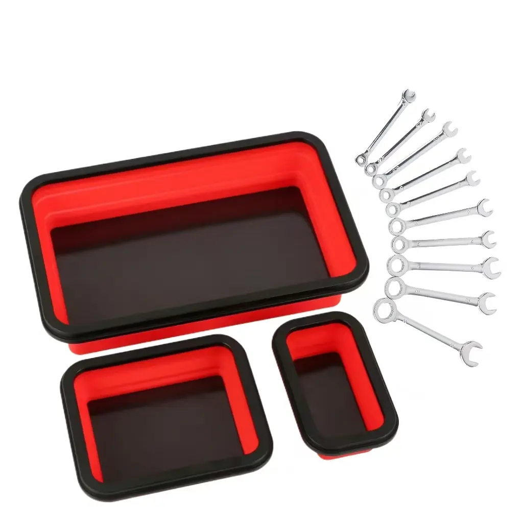 3-Piece Magnetic Storage Box Set with 10 Mini Wrenches, Durable Silicone Folding Trays for Organizing Tools and Parts, Efficient Ratchet Wrench for Quick Use