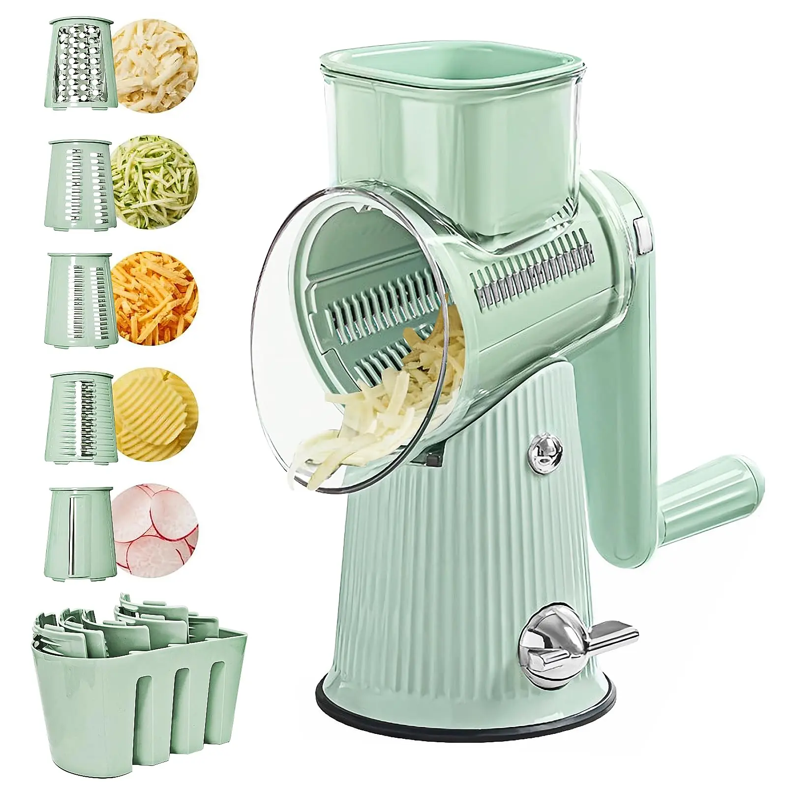 Rotary Cheese Grater Hand Crank Vegetable Shredder with 5 Stainless Steel Blades, Nut Grinder, Carrot Shredder, Fruit Slicer, Potato Crinkle Cutter, Secure & Large Suction Base with handle (Green) Kitchen Utensils