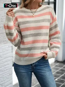 Women's Striped Print Drop Shoulder Fitted Sweater, Casual Long Sleeve Round Neck Jumper for Fall & Winter, Fashion Ladies' Knitwear for Daily Wear