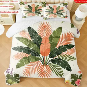 3pcs, 2D flat print Tropical Leaf Pattern Bedspread Set, featuring vibrant palm leaves & floral motifs, multiple sizes available, bedding set, festive decorative bedding, ideal for bedroom décor(1 bedspread , 2 pillowcase)
