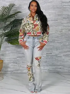 Polo Collar Long Sleeve Letter Embroidery Jacquard Short Jacket, Street Fashion Outerwear, Spring