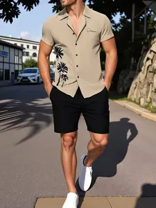 Men's 2-Piece Summer, Tropical Casual Set - Beige Short-Sleeve Button Shirt with Black Palm Tree Print & "Summer" Embroidery + Black Drawstring Waist Shorts, Lightweight Breathable Fabric, Relaxed Fit, Versatile for Beach Vacations, Weekend Wear