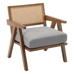 Mid-Century Modern Rattan Accent Chair – Cozy Upholstered Lounge Armchair with Wooden Frame, Woven Backrest, Easy Assembly, Supports 300 lbs for Living Room, Bedroom, Office, Balcony