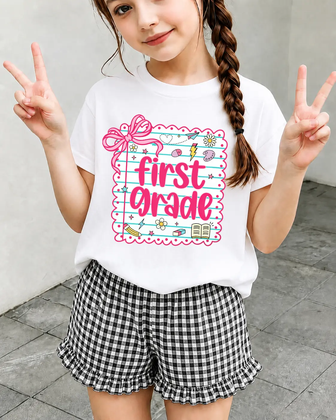Girls 2-Piece Back to School Outfit, Grade Graphic Crew Neck T-Shirt & Elastic Waist Gingham Ruffle Shorts Set