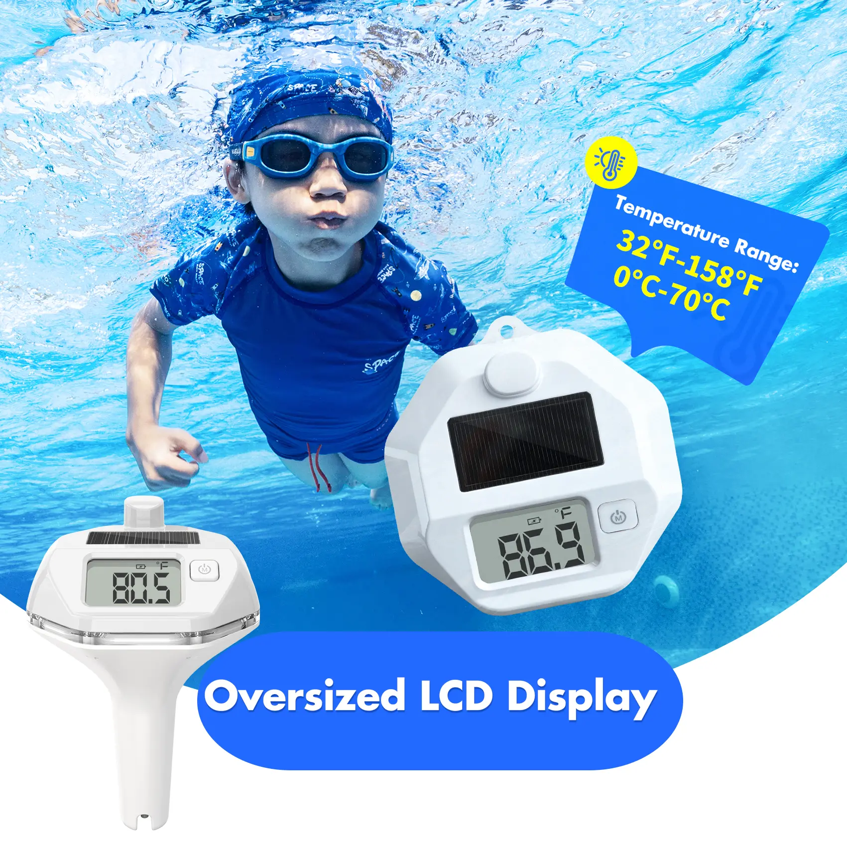 Solar Powered Wireless Pool Thermometer Floating Easy Read | Dynamic LED Light Show, Dual Backlit Display, 650FT Transmission | IP68 Waterproof Pool Temperature Thermometer,White, Pool Accessories, Swimming Pool Accessories