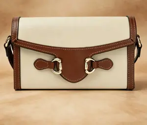 Style Horsebit Crossbody Bag, Vintage Monogram Shoulder Purse with Brown Leather Trim, Retro Handbag for Daily & Date Night