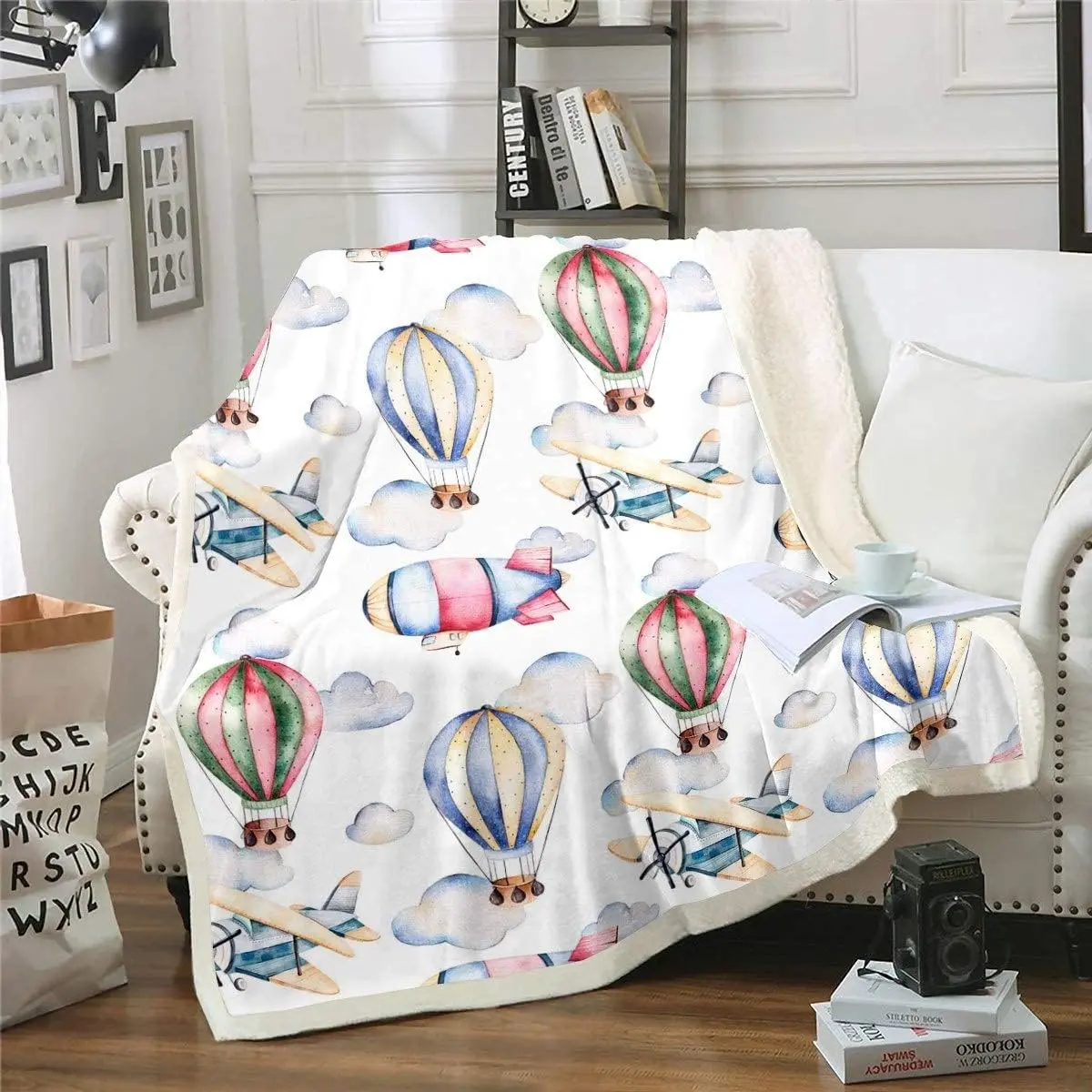 Feelyou Cartoon Sherpa Aircraft Hot Air Balloon Plush Fleece Cozy Warm Fluffy Soft Microfiber Throw Blanket - Airplane Print, Elegant Design, Easy Care, Ideal for Sofa Bed Decoration, Cabin Travel Use, Cozy Warm Blanket, Fluffy Blankets