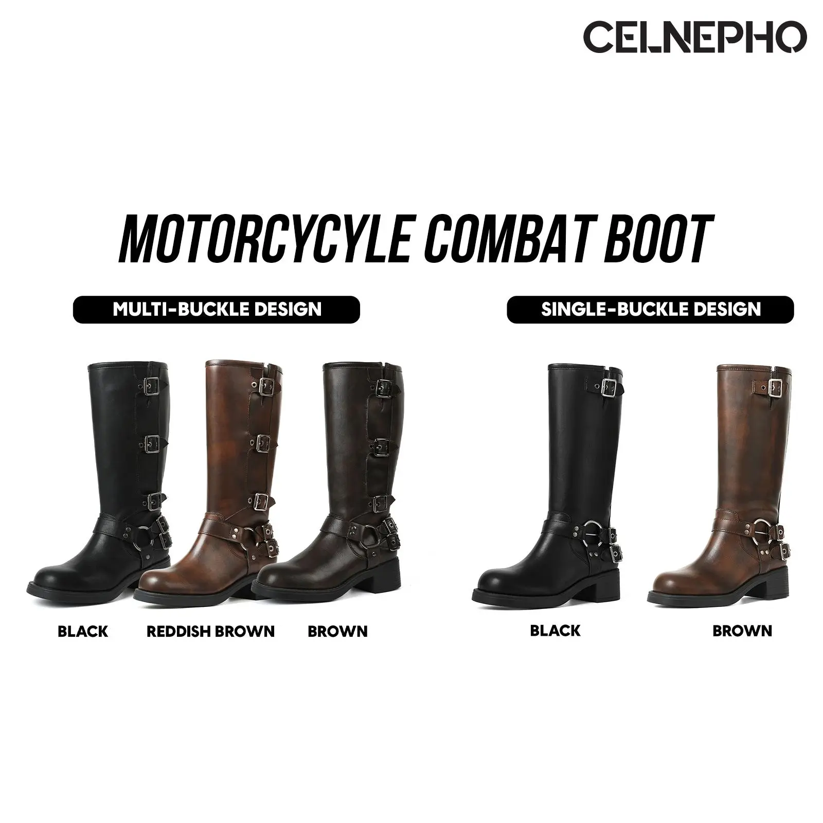 CELNEPHO Motorcycle Combat Boots for Women Round Toe Chunky Block Vintage Heel Metal Buckle Design Comfy Easy Pull on Rocky Boots Gift Party Date Bike Riding Gothic Work Casual Long Tall Punk Summer Footwear Fashion Dress Shoes