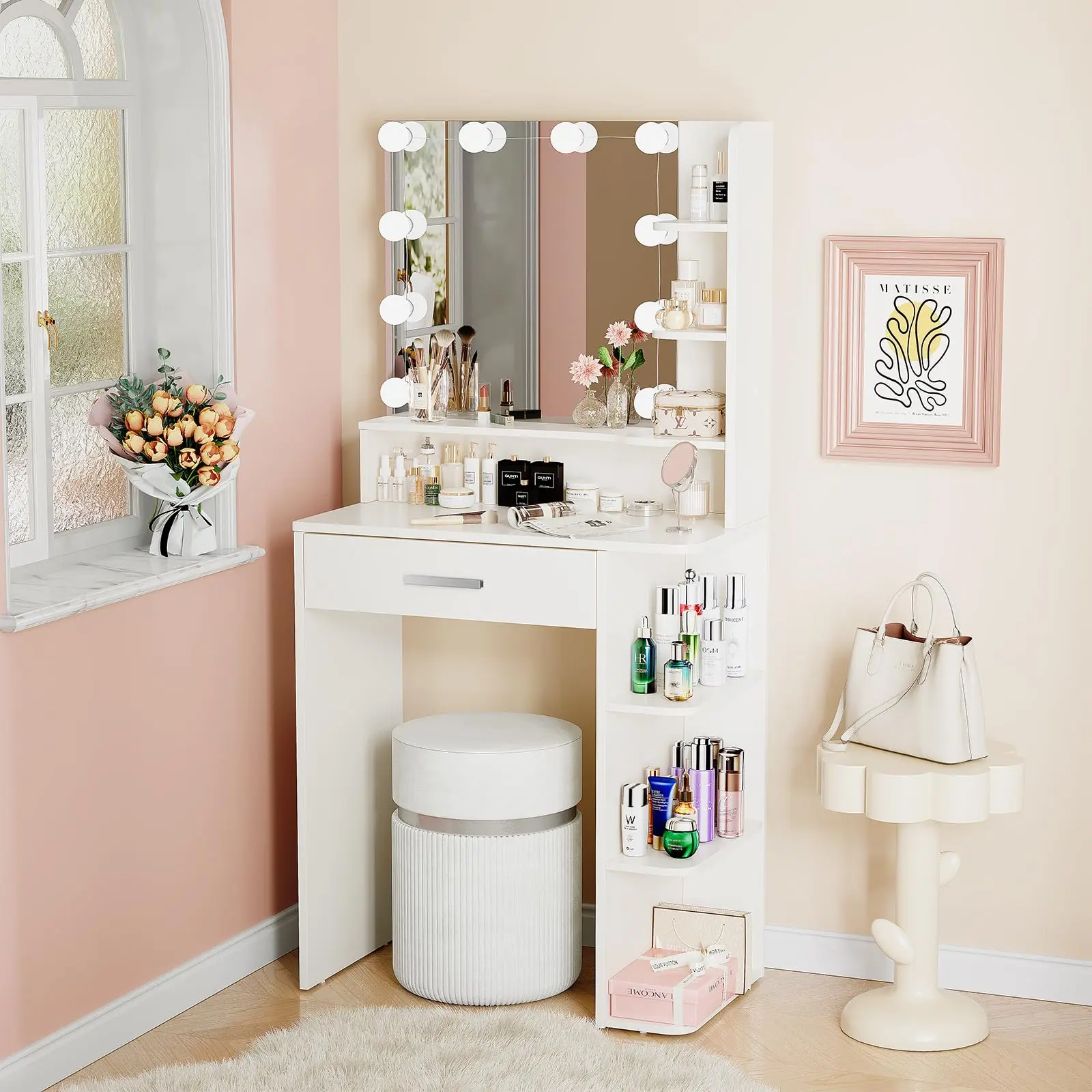 Makeup Vanity Desk with Mirror and Lights, 26.4”Small Vanity Mirror with Lights with Large Drawer and 6 Level Storage, White Vanity with Large Led Mirror with 3 Color Lighting Modes