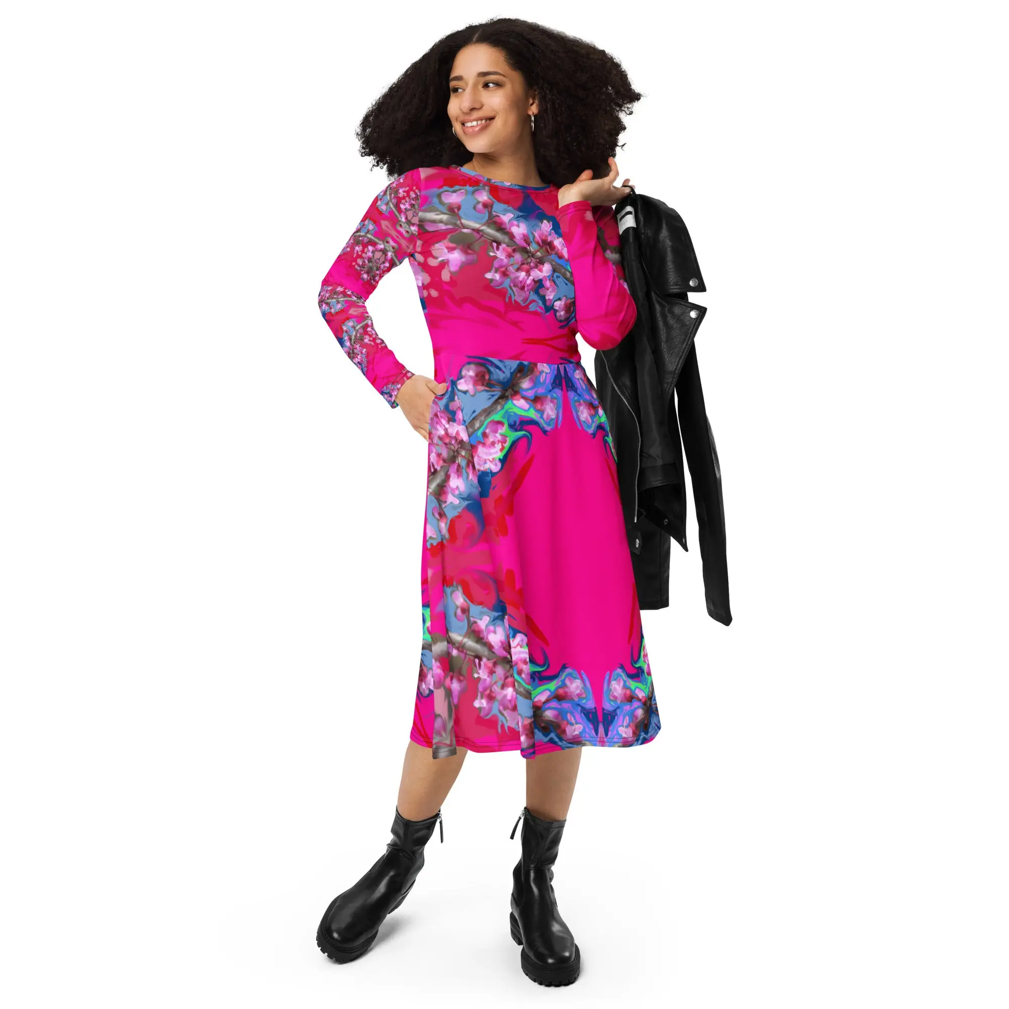 Women's Redbud Blossom Floral Longsleeve Casual Midi Dress - Original Artwork by ArtistDione, Built-in Padded Bra, Romantic Flow, Matching Beach Wear, Wearable Art, Casual Wear, Streets, Exclusive Artistdione Original