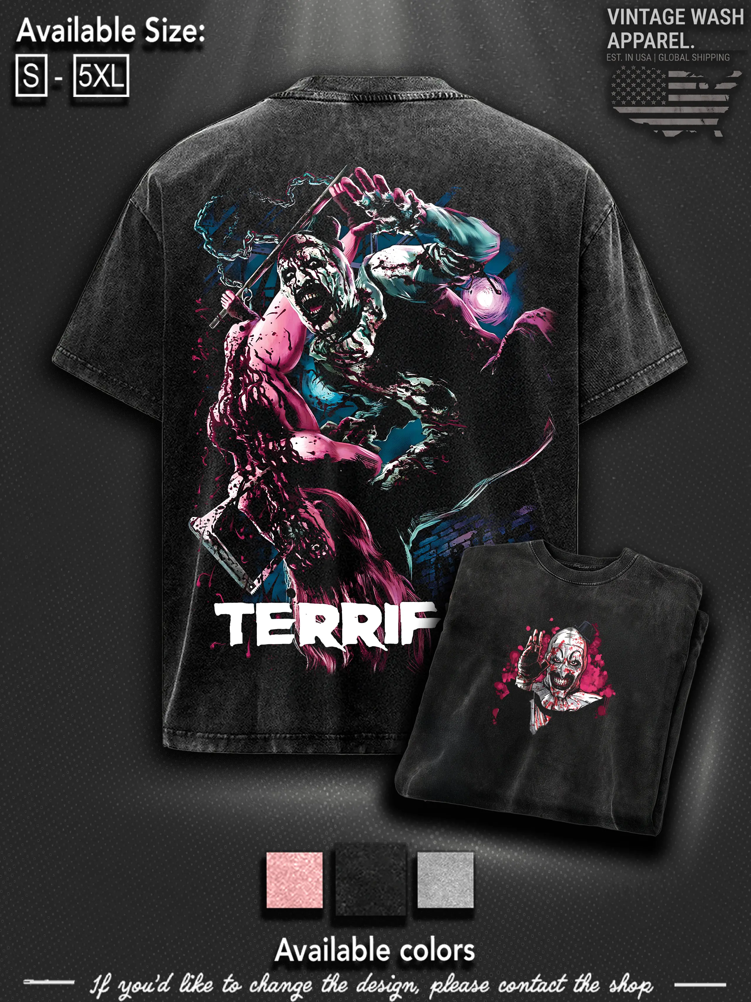 Terrifier Washed Cotton T-Shirt, Horror Movie Poster T Shirt, Unisex Clown Horror Movie Fan Shirt, Stylized Horror Movie Graphic Tee