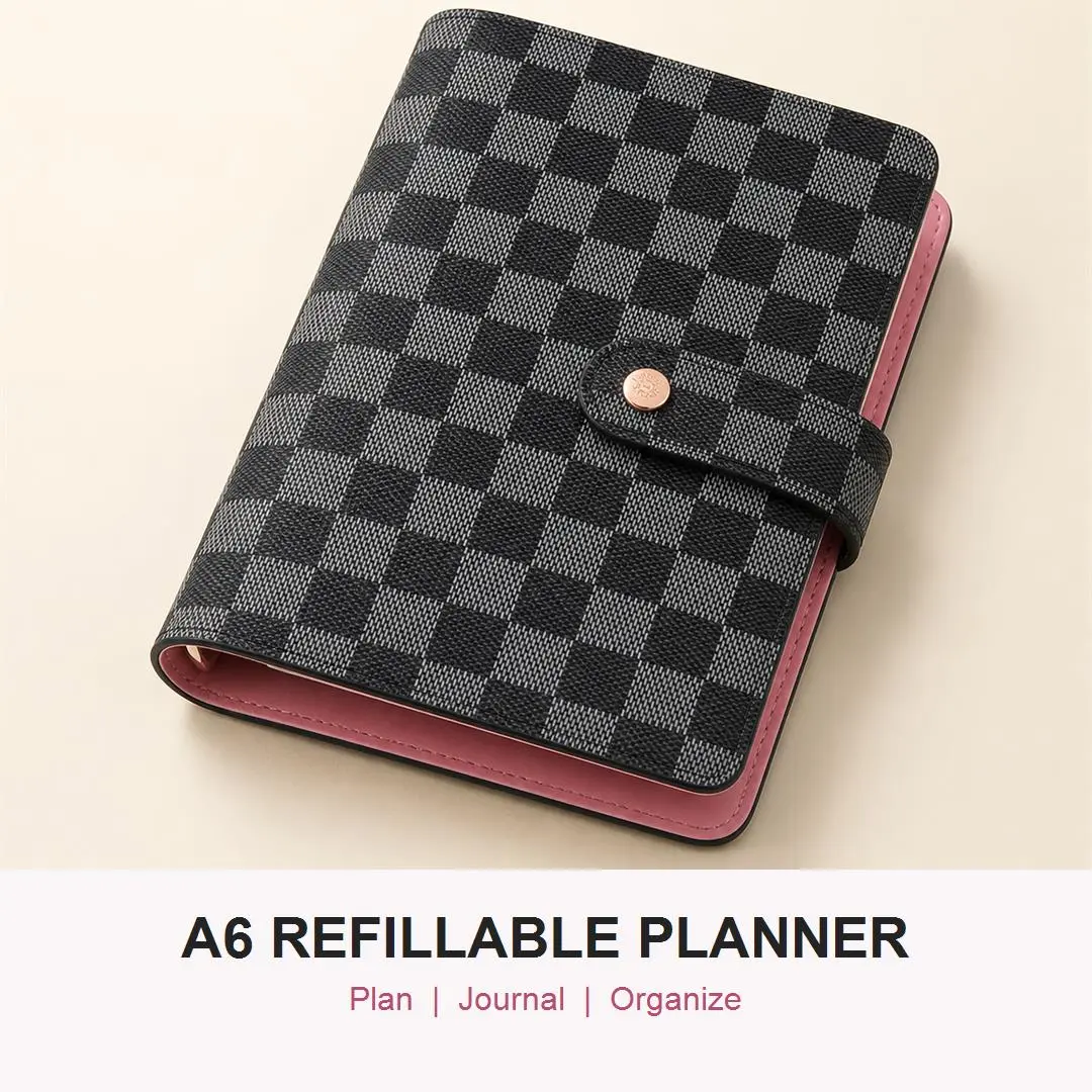 A6 Refillable 6-Ring Daily Schedule Planner Binder, Faux Leather Personal Organizer Notebook with Card Slots, Pen Loop and Snap Closure for Calendar Planning, Journaling, Budgeting, School & Work, Black Checkered