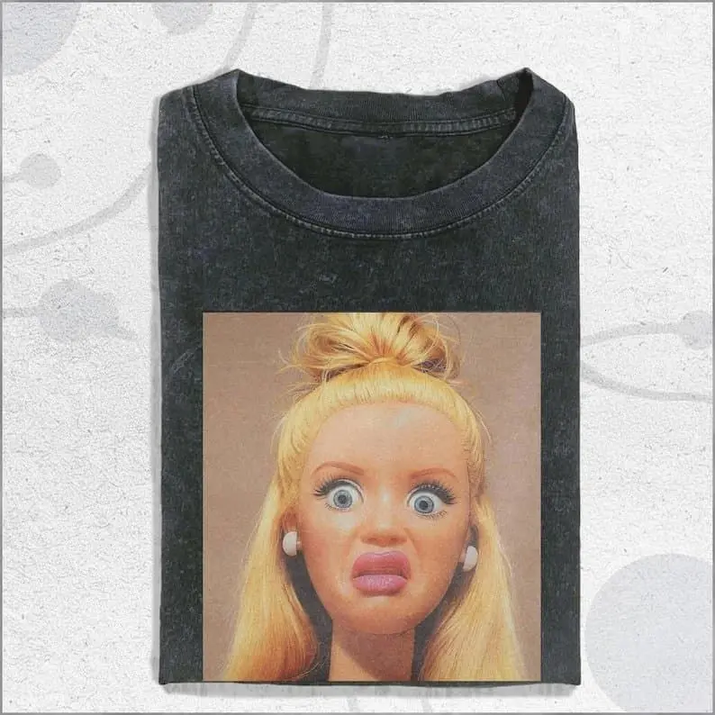 Gildan Men's 100% Cotton Classic Fit Unisex Round Neck Tshirt - Short Sleeve Preppy Casual Vintage Washed Top with Surreal Doll Face, Breathable Fabric for Children's Day Holiday, Menswear, Childrens Day