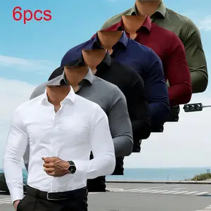 Pack of 6 men’s dress shirts, four-way stretch, long sleeves with collar, solid color button-down for weddings/dates, breathable business-casual set, wrinkle-free travel shirt, men’s tops Four-Sided