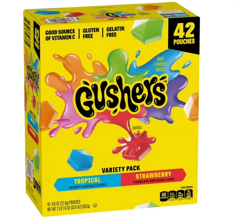 Gushers Strawberry & Tropical Variety Pack Snacks, 0.8 oz, 42 Pack Gluten and Gelatin Free Fruit Sweet Candy