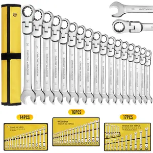 12/14/16/17pcs Flex-Head Ratchet Wrench Set, 6-26mm, 72 Teeth, Cr-V Constructed Combination Ended Span Kit with With Rolling Pouch