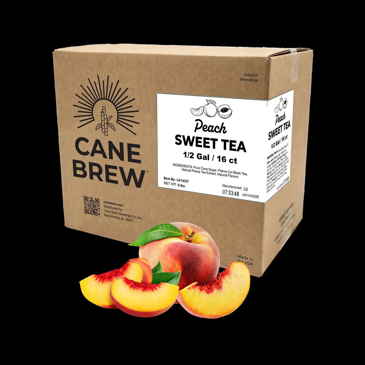 Cane Brew Peach Sweet Tea - 16 Half-Gallon Cold Brew Tea Bags - Gluten Free - Non-Returnable