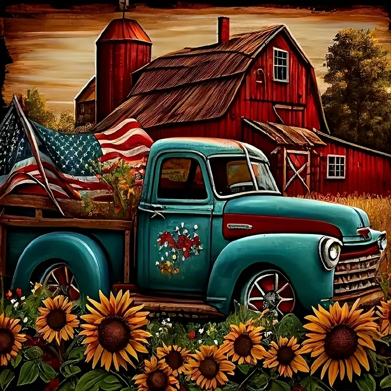 DIY Diamond Painting Kit, Truck Sunflower,Full Drill Round Diamonds, Mosaic Art Craft, Suitable for Beginners, Home Wall Decoration, Gift, Handicraft, Unframed