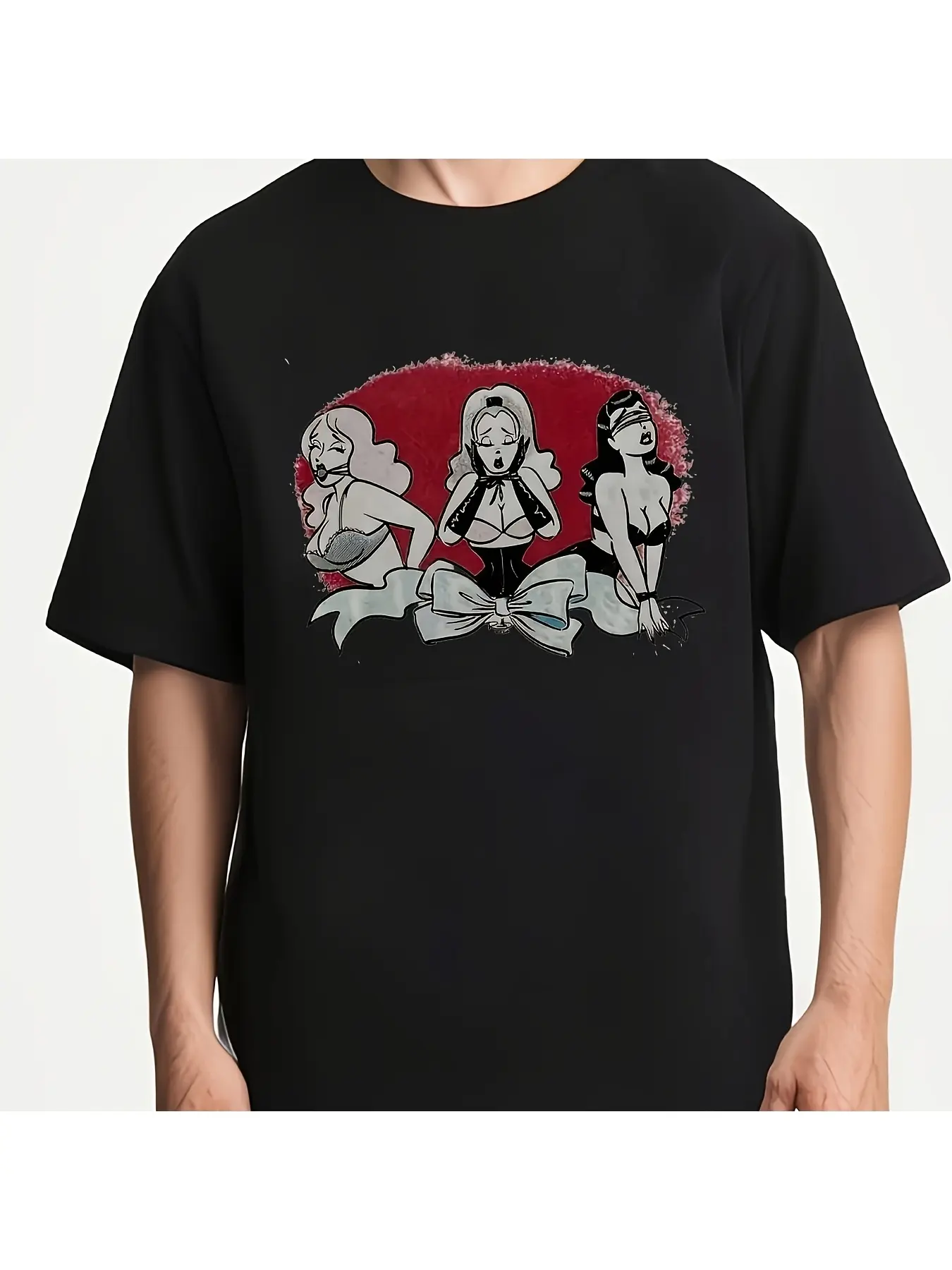 Pinup Girls With Bow T-Shirt _ Black, Round Neck, unisex soft cotton short sleeve t shirt, vintage graphic casual tee for men women teens, perfect birthday holiday gift for camping travel gym daily street  wear