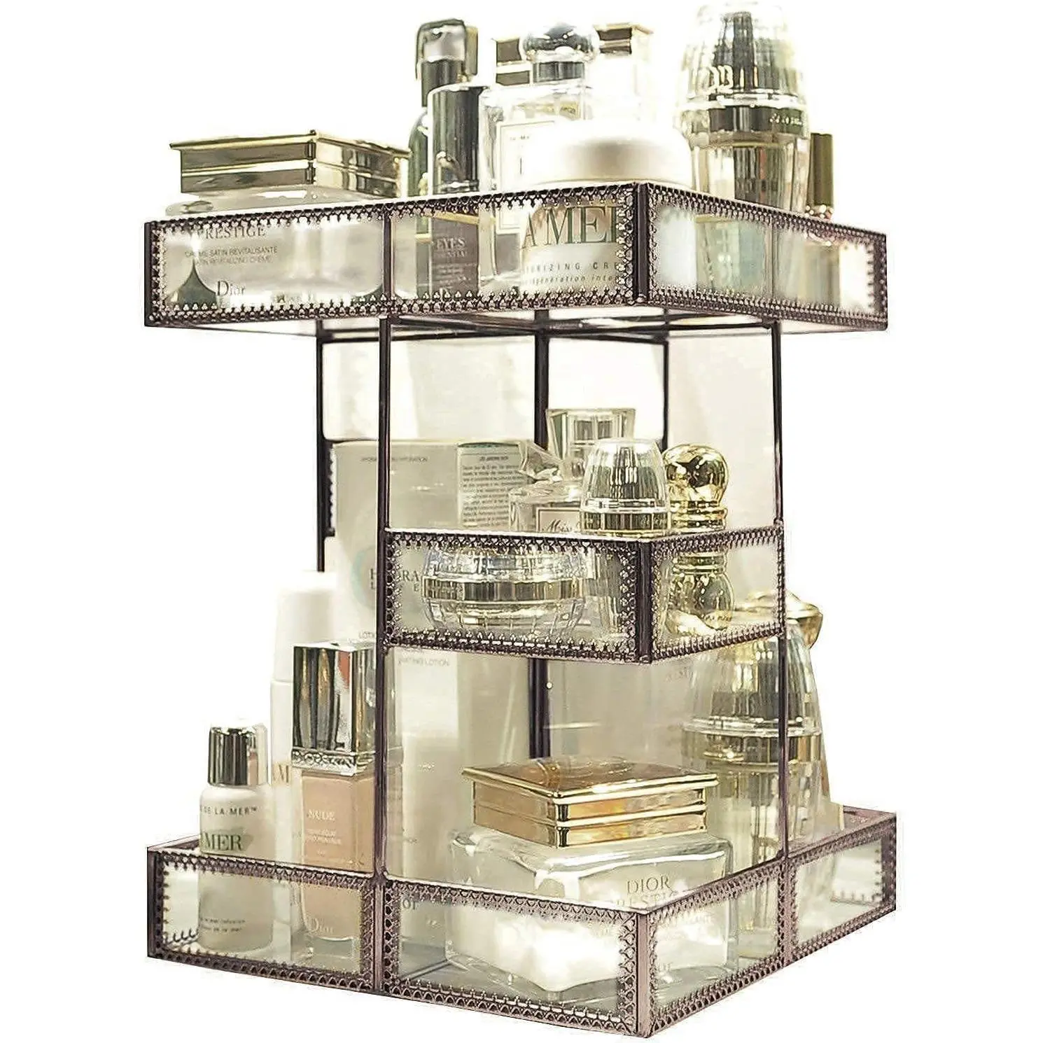360 Degree Rotation Makeup Organizer Antique Countertop Cosmetic Storage Box Mirror Glass Beauty Display, Gold Spin Large Capacity Holder for Brushes Lipsticks Skincare Toner (Brass)