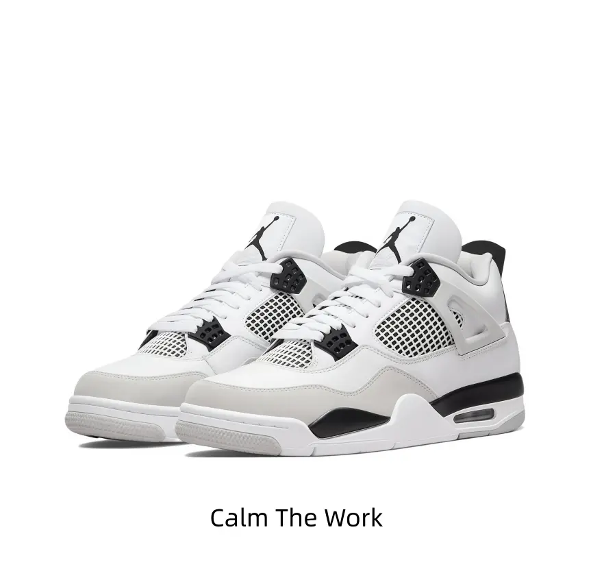 Mid-top retro basketball sneakers, white & light grey spliced smooth leather upper, black-white breathable mesh panels, black lace hardware, white-grey-black layered air cushion midsole, clean neutral tone for streetwear & daily casual fits.