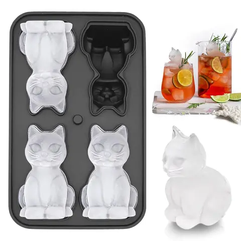 3D Cat Shape Ice Cube Mold, 4 Cavity Silicone Ice Cube Tray, Cute Kitten Ice Maker with Easy Release Flexible Design, Fun Ice Mold for Whiskey, Cocktails, Coffee, Ideal for Home Bar, Party & Holiday Drinks Whiskey Ice Cubes Mold