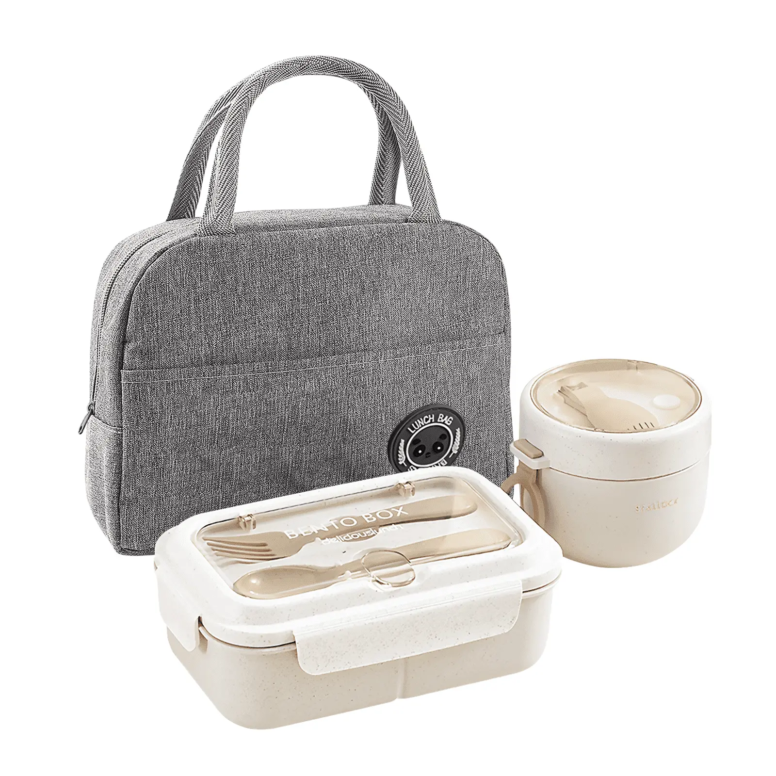 PP Plastic Microwavable Bento Lunch Box Set with Modern Tableware, Handle, 600ml-1200ml Capacity, Meal Prep Carry Bag, Cup, Fork & Spoon for Travel & On-the-Go Meals, Microwavable Bento Box