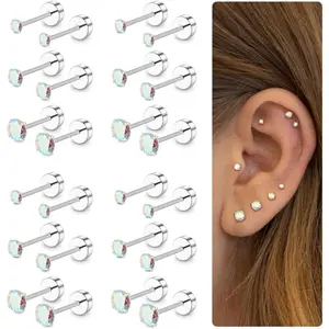 CASSIECA 12Pairs 20G Stainless Steel CZ Stud Earrings for Women Men Cartilage Helix Earrings Set Round Cubic Zirconia Screw Flat Back Stud Piercing