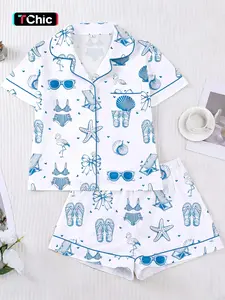 This 2-piece beach-themed bikini set features a starfish print and includes a short-sleeved collared button-down soft top and loose-fitting stretch shorts. It's a stylish and beautiful everyday outfit, perfect for holidays, parties, or casual outdoor wear