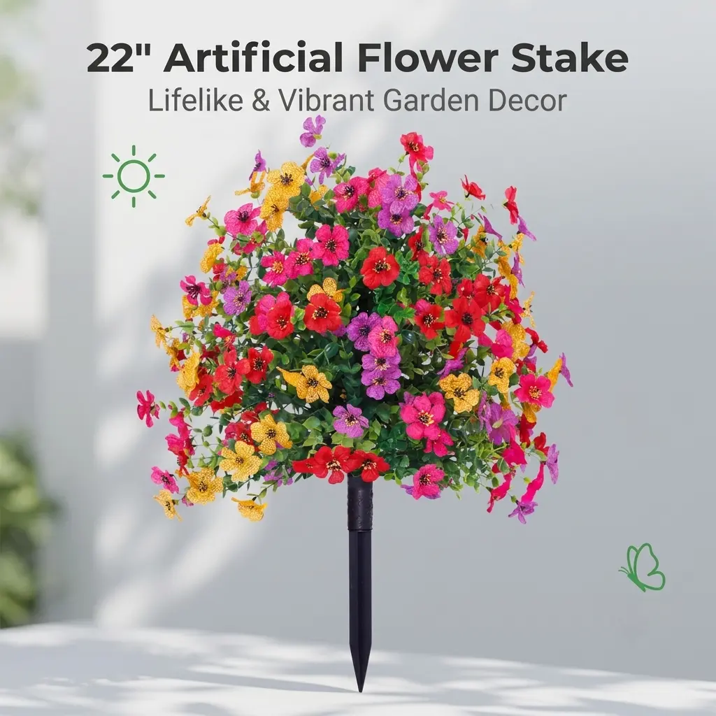 22 Inch Artificial Flower Stake Outdoor Decor | Multi-Color Garden Stakes for Yard & Lawn, UV Protected Heavy Duty Plastic, All Season Fade-Resistant Decoration (Mixed Color)