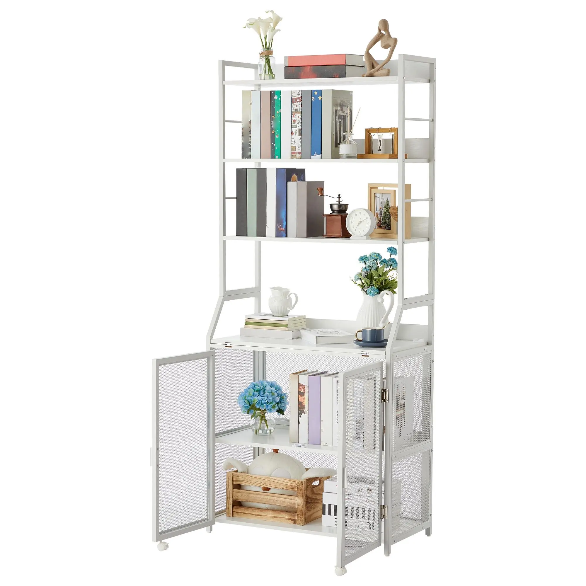White 2-in-1 Bookshelf Desk with Cabinet, Sturdy Metal-Wood Construction, Space Saving Home Office Furniture, Floor Standing Storage Unit, 23x9x71in, Space Saving Furniture
