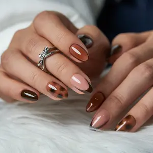 Curvlife Medium Almond French Gel Press-On Nails, Brown Glossy Fall Nail Art, Easy-To-Apply Nail Care Accessory