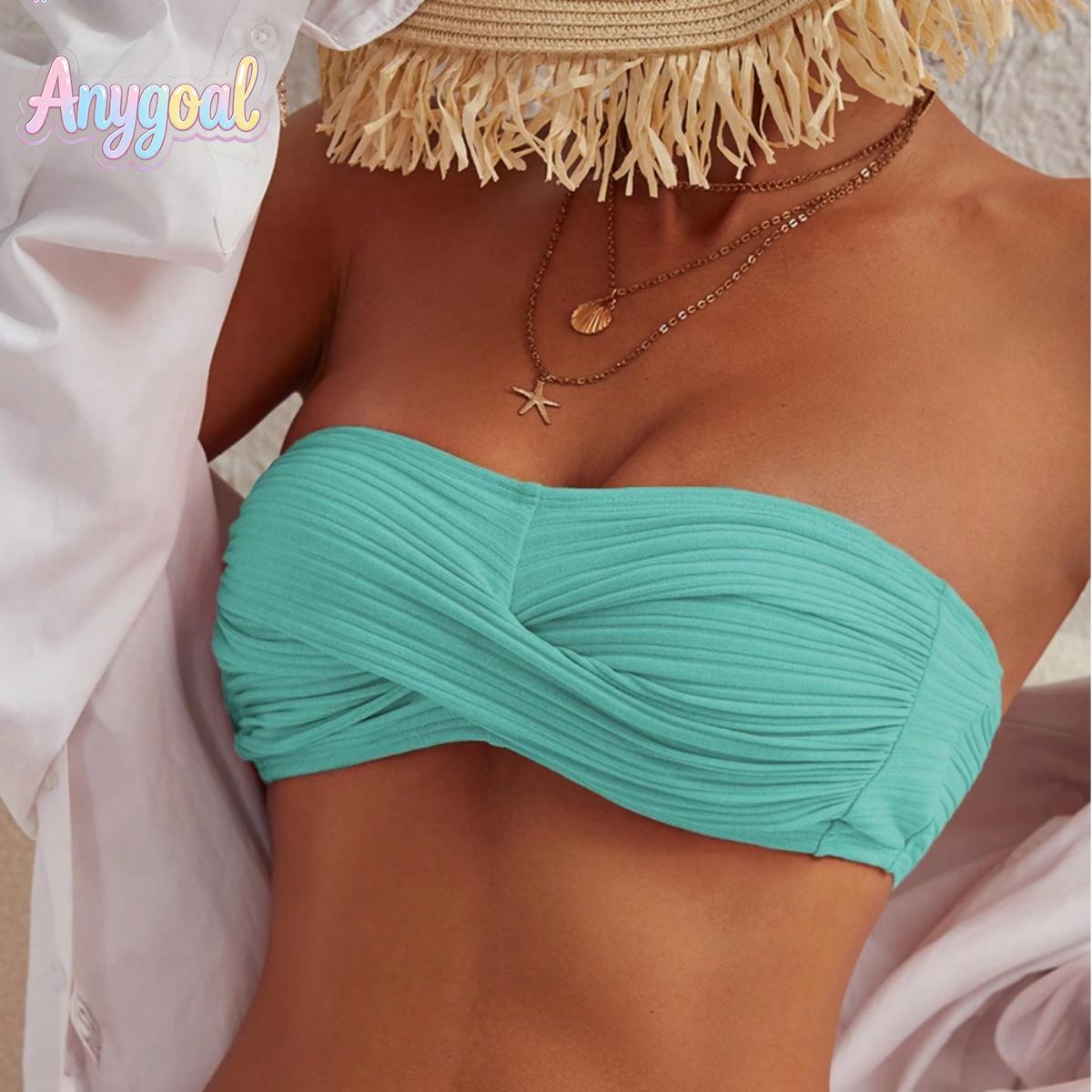 ANYGOAL Women Bandeau High Waisted Bikini Sets Smocked Swimsuit Strapless Two Piece Bathing Suit swimsuits 2026 women tankini swimsuits bathing suits flattering fortummy summer swimwear