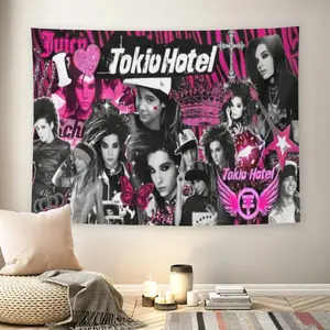 I Love Tokio Hotel Pink Zebra Print Wall Flag, Emo Band Collage, Mid-century Modern Black Flash Manga Style, Y2K Pop Punk Aesthetic, For Adult Fans, Music Fan Decor, Bedroom, Living Room, Nostalgic Tapestry