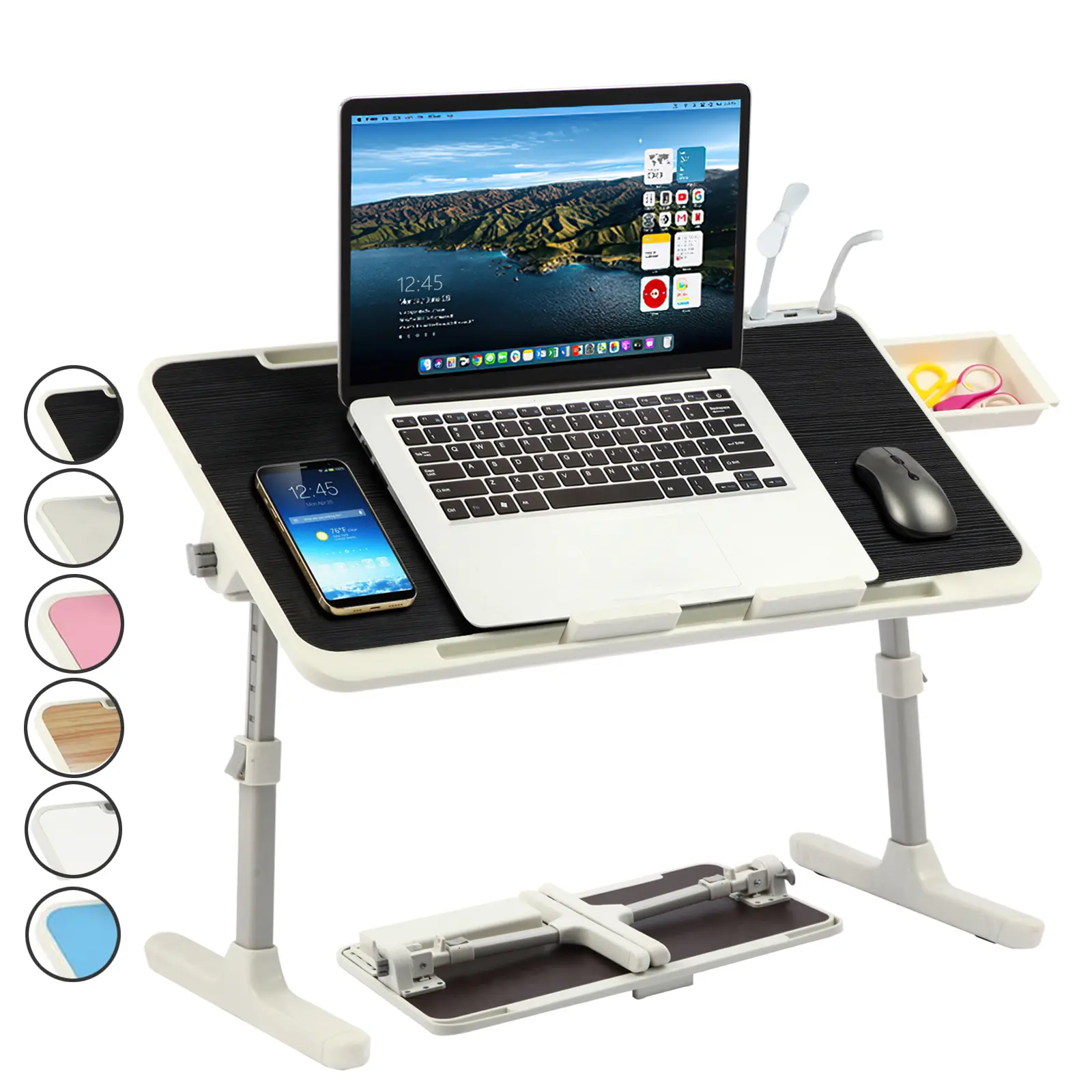 PHANCIR Adjustable Lap Desk with 3 USB Ports , Laptop Stand Bed Tray with Mini Fan/Light, Foldable Laptop Desk with Storage Drawer