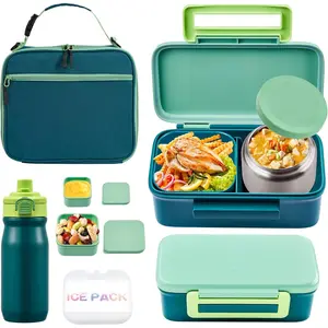 Bento Lunch Box for  With 8oz Thermo, Leakproof Bento Box with with 2 Compartments, Insulated Bottle, Lunch Bag,  Dishwasher Safe for School Girls Boys (Green)