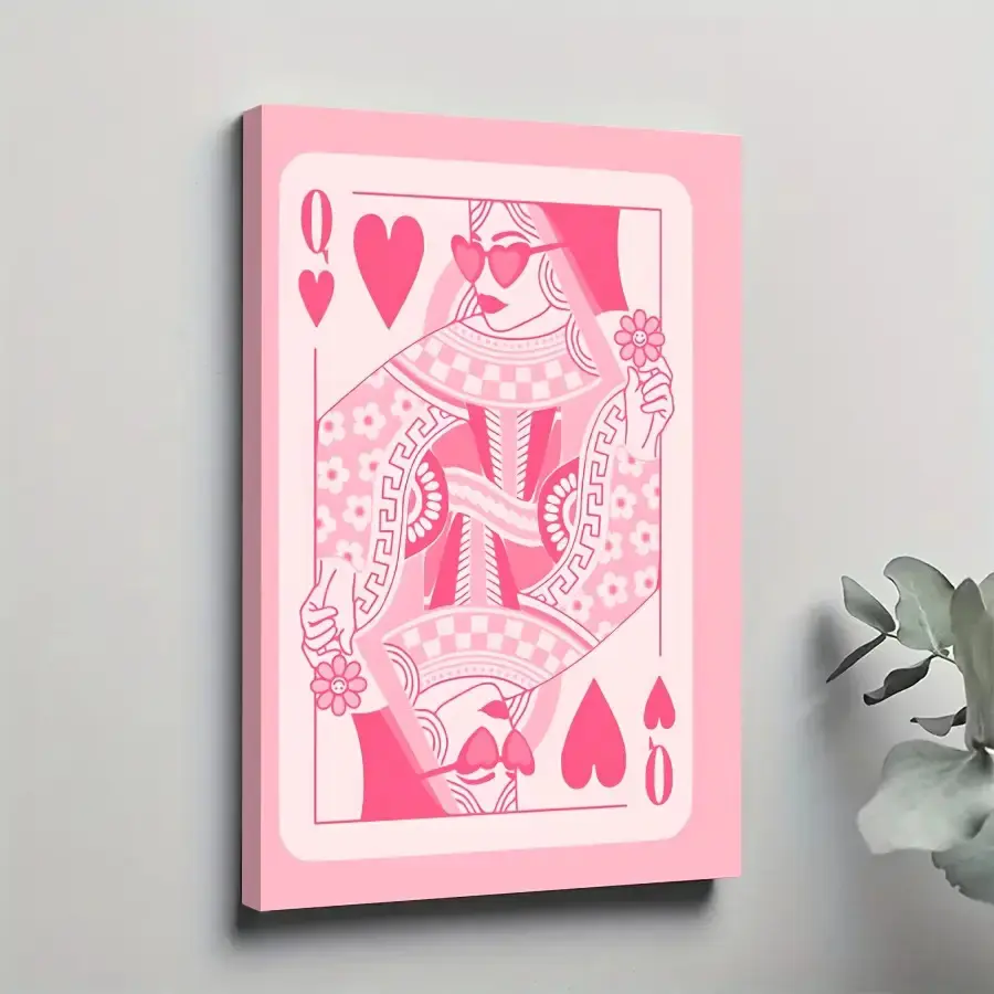 16×24in (40×60cm) Pine Wood Frame Blush Pink Heart Ace Card Print Canvas Wall Art - 2D Flat Home Decor, Housewarming Supplies for Bedroom, Dining Room, Classroom, Garage Decoration