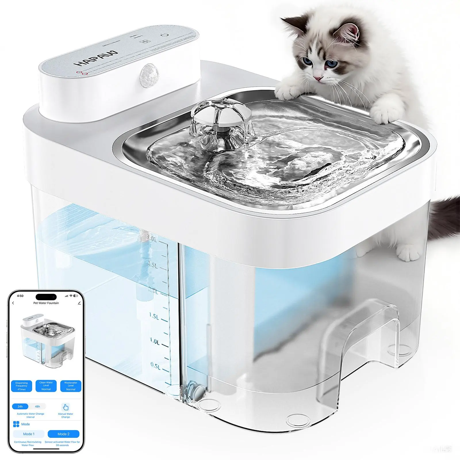 HAPAW Cat Water Fountain, 2.4GHz Wi-Fi App Control Automatic Pet Water Dispenser with 5000mAh Battery, Separated Clean & Waste Water, Filter-Free Plug-In Fountain for Cats